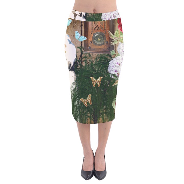 Vintage Llorona Collage Velvet Midi Pencil Skirt