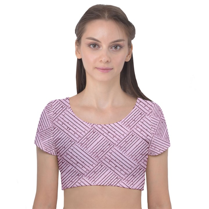 Wood Texture Diagonal Weave Pastel Velvet Short Sleeve Crop Top 