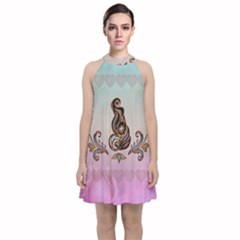 Abstract Decorative Floral Design, Mandala Velvet Halter Neckline Dress 