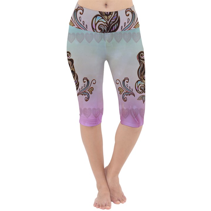 Abstract Decorative Floral Design, Mandala Lightweight Velour Cropped Yoga Leggings