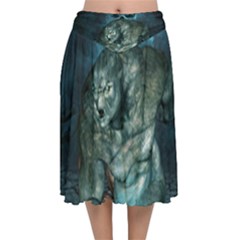 Aweome Troll With Skulls In The Night Velvet Flared Midi Skirt by FantasyWorld7