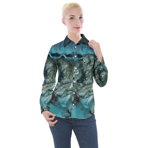 Aweome Troll With Skulls In The Night Women s Long Sleeve Pocket Shirt by FantasyWorld7