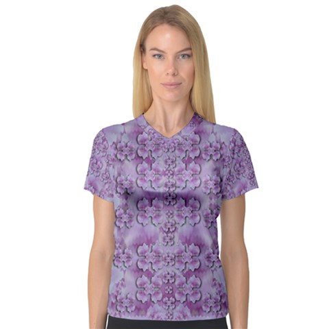 Baroque Fantasy Flowers Ornate Festive V-neck Sport Mesh Tee by pepitasart