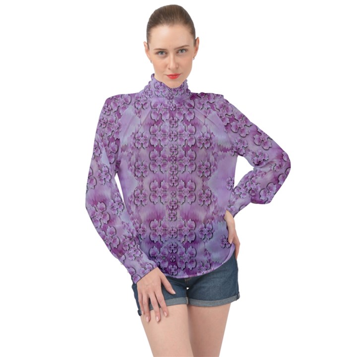 Baroque Fantasy Flowers Ornate Festive High Neck Long Sleeve Chiffon Top