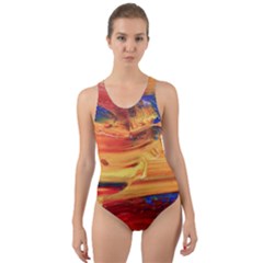 Rainbow Waves Cut-out Back One Piece Swimsuit by WILLBIRDWELL