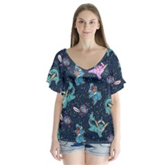 Water Type V-neck Flutter Sleeve Top by Mezalola