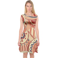 Pop Art Paisley Flowers Ornaments Multicolored 4 Capsleeve Midi Dress by EDDArt