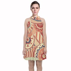 Pop Art Paisley Flowers Ornaments Multicolored 4 Velvet Halter Neckline Dress  by EDDArt