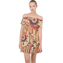 Pop Art Paisley Flowers Ornaments Multicolored 4 Off Shoulder Chiffon Dress by EDDArt