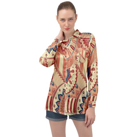 Pop Art Paisley Flowers Ornaments Multicolored 4 Long Sleeve Satin Shirt by EDDArt