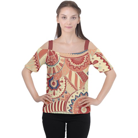 Pop Art Paisley Flowers Ornaments Multicolored 4 Background Solid Dark Red Cutout Shoulder Tee by EDDArt