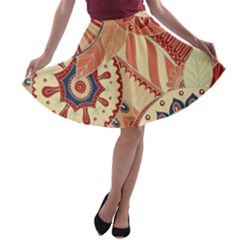 Pop Art Paisley Flowers Ornaments Multicolored 4 Background Solid Dark Red A-line Skater Skirt by EDDArt