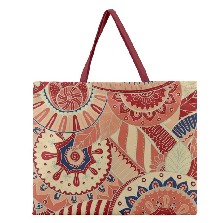 Pop Art Paisley Flowers Ornaments Multicolored 4 Background Solid Dark Red Zipper Large Tote Bag