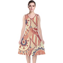 Pop Art Paisley Flowers Ornaments Multicolored 4 Background Solid Dark Red V-neck Midi Sleeveless Dress  by EDDArt