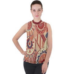 Pop Art Paisley Flowers Ornaments Multicolored 4 Background Solid Dark Red Mock Neck Chiffon Sleeveless Top by EDDArt