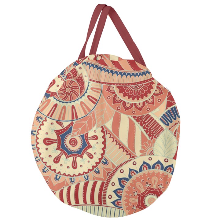 Pop Art Paisley Flowers Ornaments Multicolored 4 Background Solid Dark Red Giant Round Zipper Tote