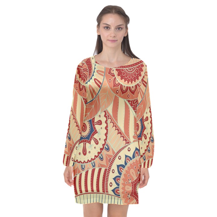 Pop Art Paisley Flowers Ornaments Multicolored 4 Background Solid Dark Red Long Sleeve Chiffon Shift Dress 