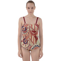 Pop Art Paisley Flowers Ornaments Multicolored 4 Background Solid Dark Red Twist Front Tankini Set by EDDArt