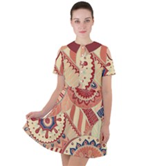 Pop Art Paisley Flowers Ornaments Multicolored 4 Background Solid Dark Red Short Sleeve Shoulder Cut Out Dress 