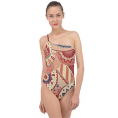 Pop Art Paisley Flowers Ornaments Multicolored 4 Background Solid Dark Red Classic One Shoulder Swimsuit by EDDArt