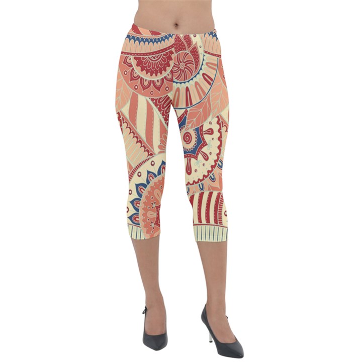 Pop Art Paisley Flowers Ornaments Multicolored 4 Background Solid Dark Red Lightweight Velour Capri Leggings 