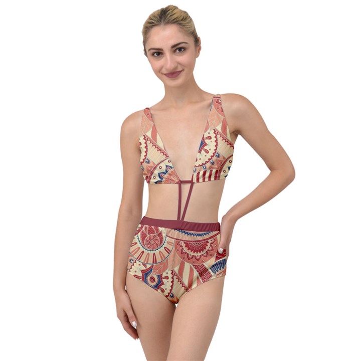 Pop Art Paisley Flowers Ornaments Multicolored 4 Background Solid Dark Red Tied Up Two Piece Swimsuit