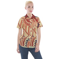 Pop Art Paisley Flowers Ornaments Multicolored 4 Background Solid Dark Red Women s Short Sleeve Pocket Shirt