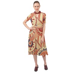 Pop Art Paisley Flowers Ornaments Multicolored 4 Background Solid Dark Red Keyhole Neckline Chiffon Dress