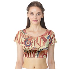 Pop Art Paisley Flowers Ornaments Multicolored 4 Background Solid Dark Red Short Sleeve Crop Top