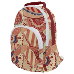 Pop Art Paisley Flowers Ornaments Multicolored 4 Background Solid Dark Red Rounded Multi Pocket Backpack