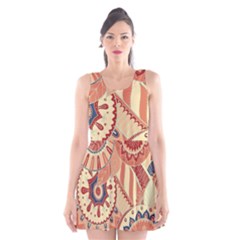 Pop Art Paisley Flowers Ornaments Multicolored 4 Background Solid Dark Red Scoop Neck Skater Dress