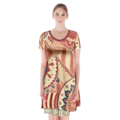 Pop Art Paisley Flowers Ornaments Multicolored 4 Background Solid Dark Red Short Sleeve V-neck Flare Dress