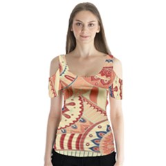 Pop Art Paisley Flowers Ornaments Multicolored 4 Background Solid Dark Red Butterfly Sleeve Cutout Tee 