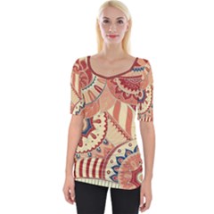 Pop Art Paisley Flowers Ornaments Multicolored 4 Background Solid Dark Red Wide Neckline Tee