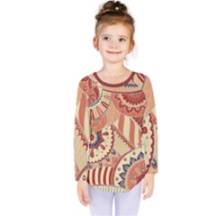 Pop Art Paisley Flowers Ornaments Multicolored 4 Background Solid Dark Red Kids  Long Sleeve Tee