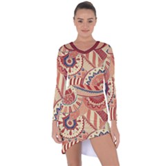 Pop Art Paisley Flowers Ornaments Multicolored 4 Background Solid Dark Red Asymmetric Cut-out Shift Dress