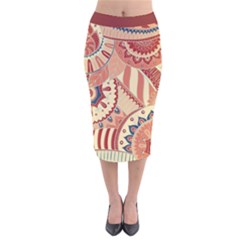 Pop Art Paisley Flowers Ornaments Multicolored 4 Background Solid Dark Red Velvet Midi Pencil Skirt