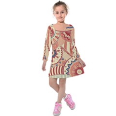 Pop Art Paisley Flowers Ornaments Multicolored 4 Background Solid Dark Red Kids  Long Sleeve Velvet Dress