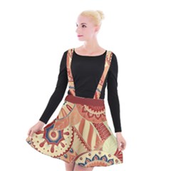 Pop Art Paisley Flowers Ornaments Multicolored 4 Background Solid Dark Red Suspender Skater Skirt