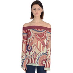 Pop Art Paisley Flowers Ornaments Multicolored 4 Background Solid Dark Red Off Shoulder Long Sleeve Top