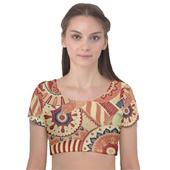 Pop Art Paisley Flowers Ornaments Multicolored 4 Background Solid Dark Red Velvet Short Sleeve Crop Top 