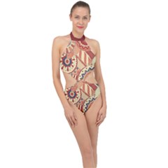 Pop Art Paisley Flowers Ornaments Multicolored 4 Background Solid Dark Red Halter Side Cut Swimsuit