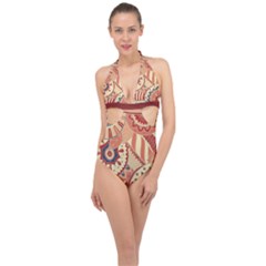 Pop Art Paisley Flowers Ornaments Multicolored 4 Background Solid Dark Red Halter Front Plunge Swimsuit