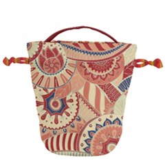 Pop Art Paisley Flowers Ornaments Multicolored 4 Background Solid Dark Red Drawstring Bucket Bag