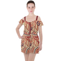 Pop Art Paisley Flowers Ornaments Multicolored 4 Background Solid Dark Red Ruffle Cut Out Chiffon Playsuit