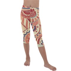 Pop Art Paisley Flowers Ornaments Multicolored 4 Background Solid Dark Red Kids  Lightweight Velour Capri Leggings 