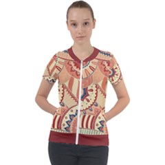 Pop Art Paisley Flowers Ornaments Multicolored 4 Background Solid Dark Red Short Sleeve Zip Up Jacket