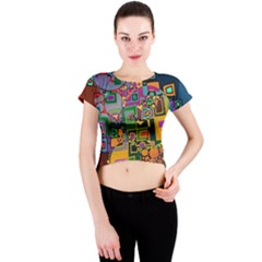 Modern Geometric Art   Dancing In The City Background Solid Dark Blue Crew Neck Crop Top by EDDArt