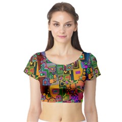 Modern Geometric Art   Dancing In The City Background Solid Dark Blue Short Sleeve Crop Top by EDDArt