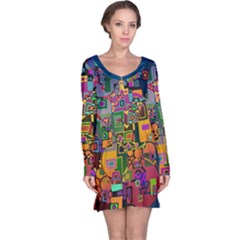 Modern Geometric Art   Dancing In The City Background Solid Dark Blue Long Sleeve Nightdress